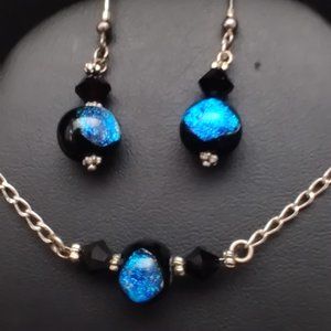 Vtg 80's Dichroic Glass Sterling Necklace Earrings